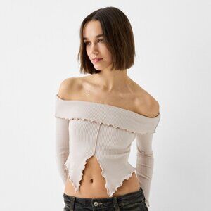 BERSHKA Bardot neck sweater in Stone